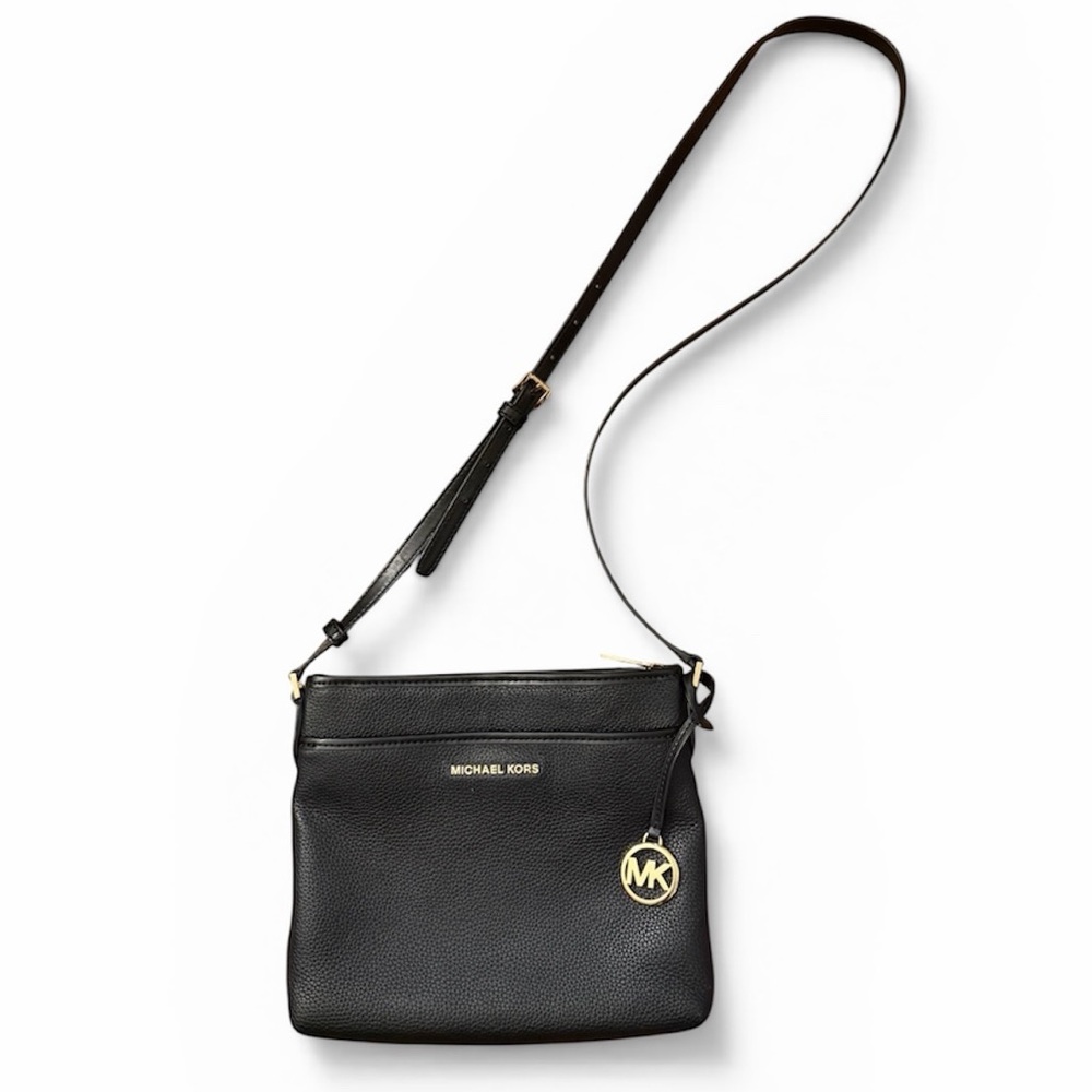 Michael Kors Black Pebbled Leather Crossbody Bag Gold MK Charm Adjustable Strap